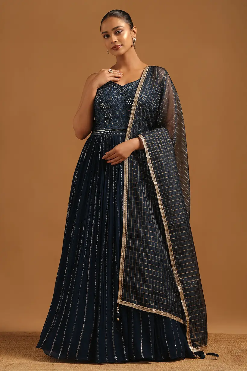 Navy Blue Georgette Floral Gown With Mirror & Stone